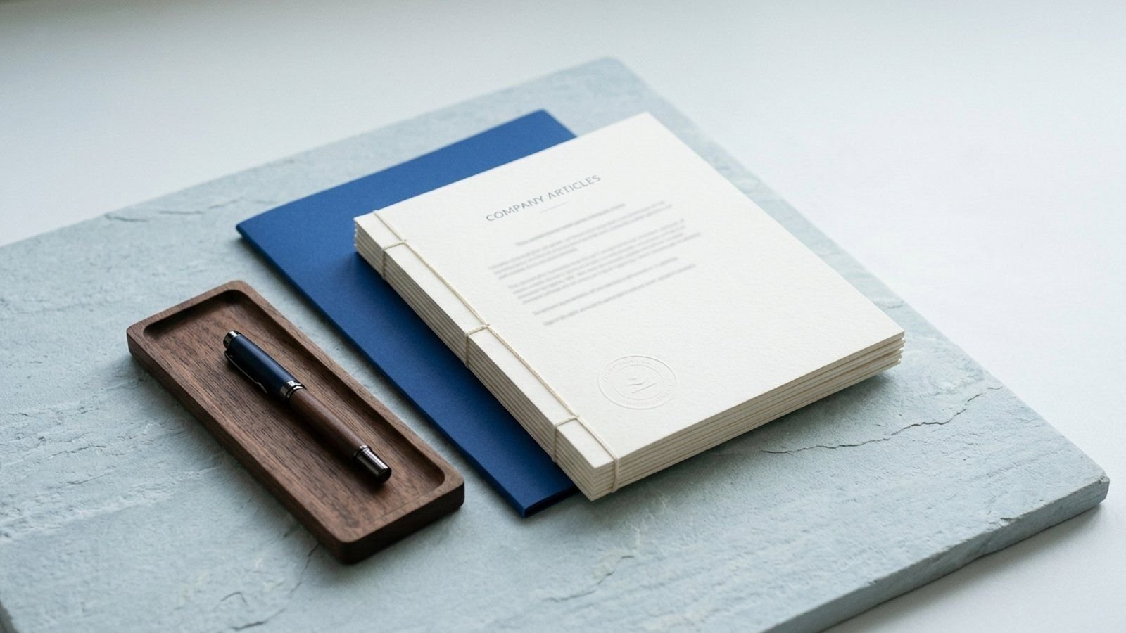 Company registration papers with a seal and pen