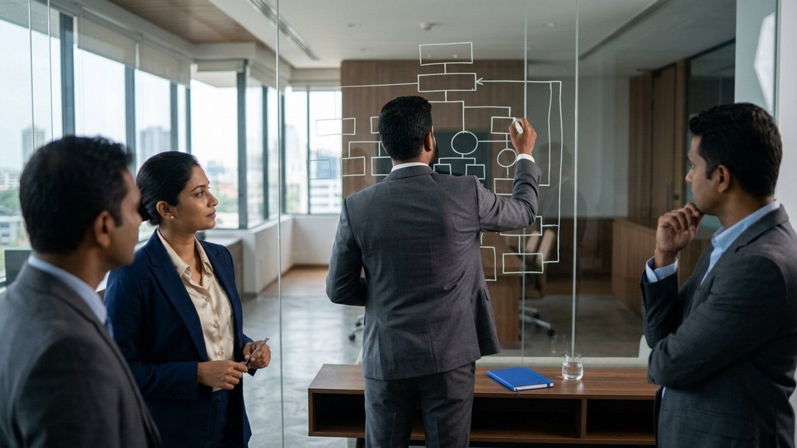 An adviser sketching options on a glass wall for two clients