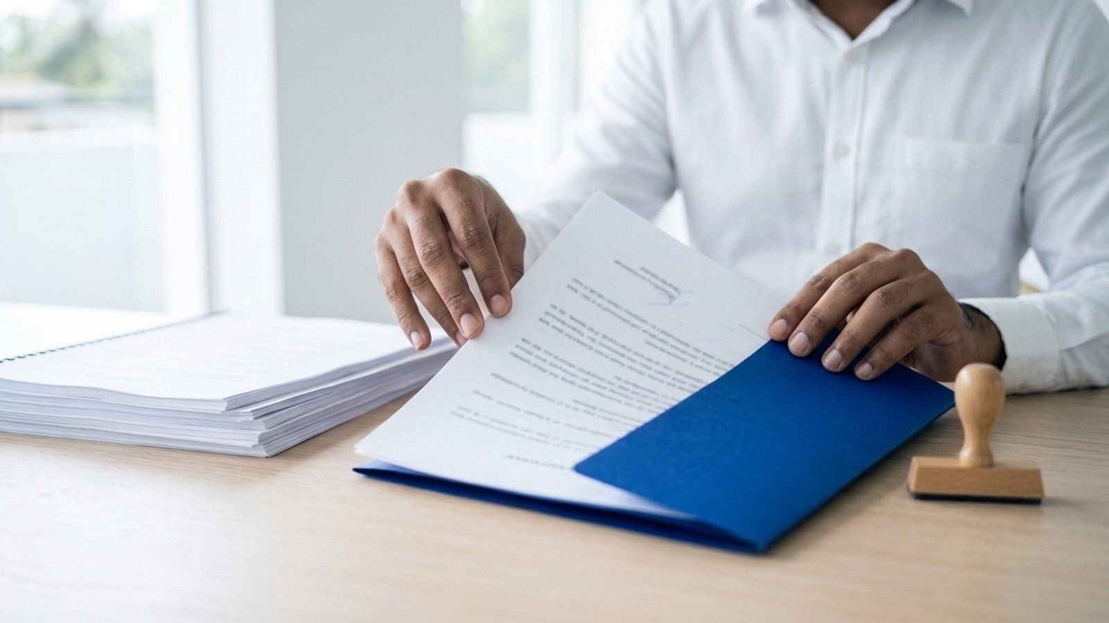 A signed document being filed in a blue folder