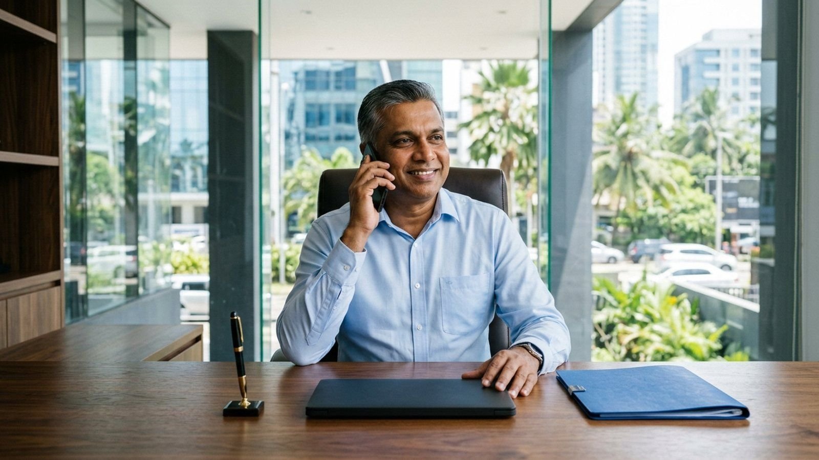 A shop owner on a call with his advisers
