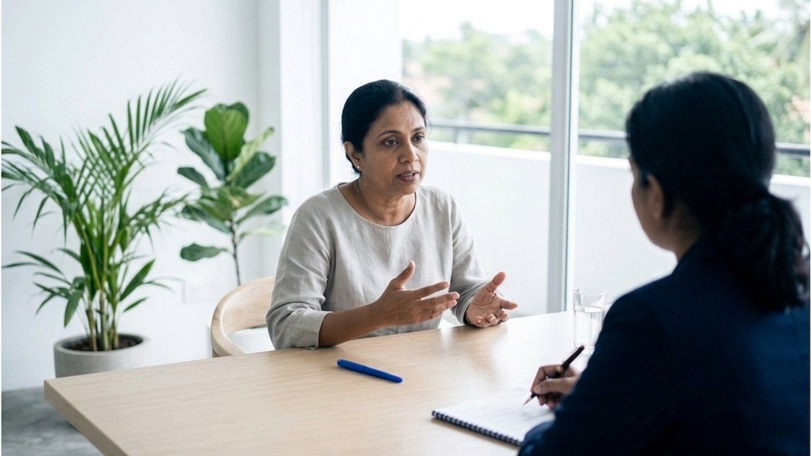 A client explaining her situation at a first meeting