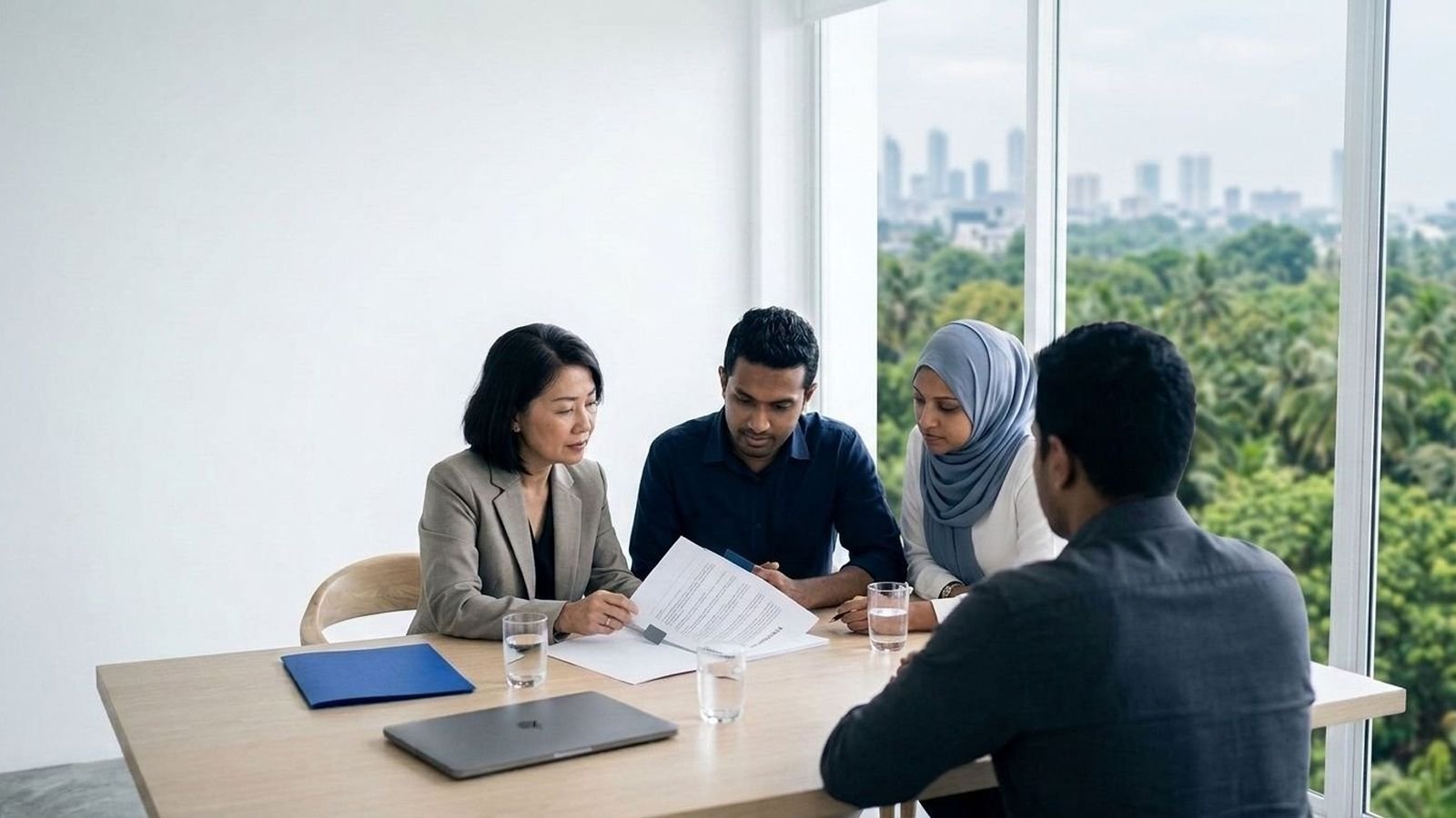 Three clients reviewing an agreement with an adviser at a table by a window with a city view