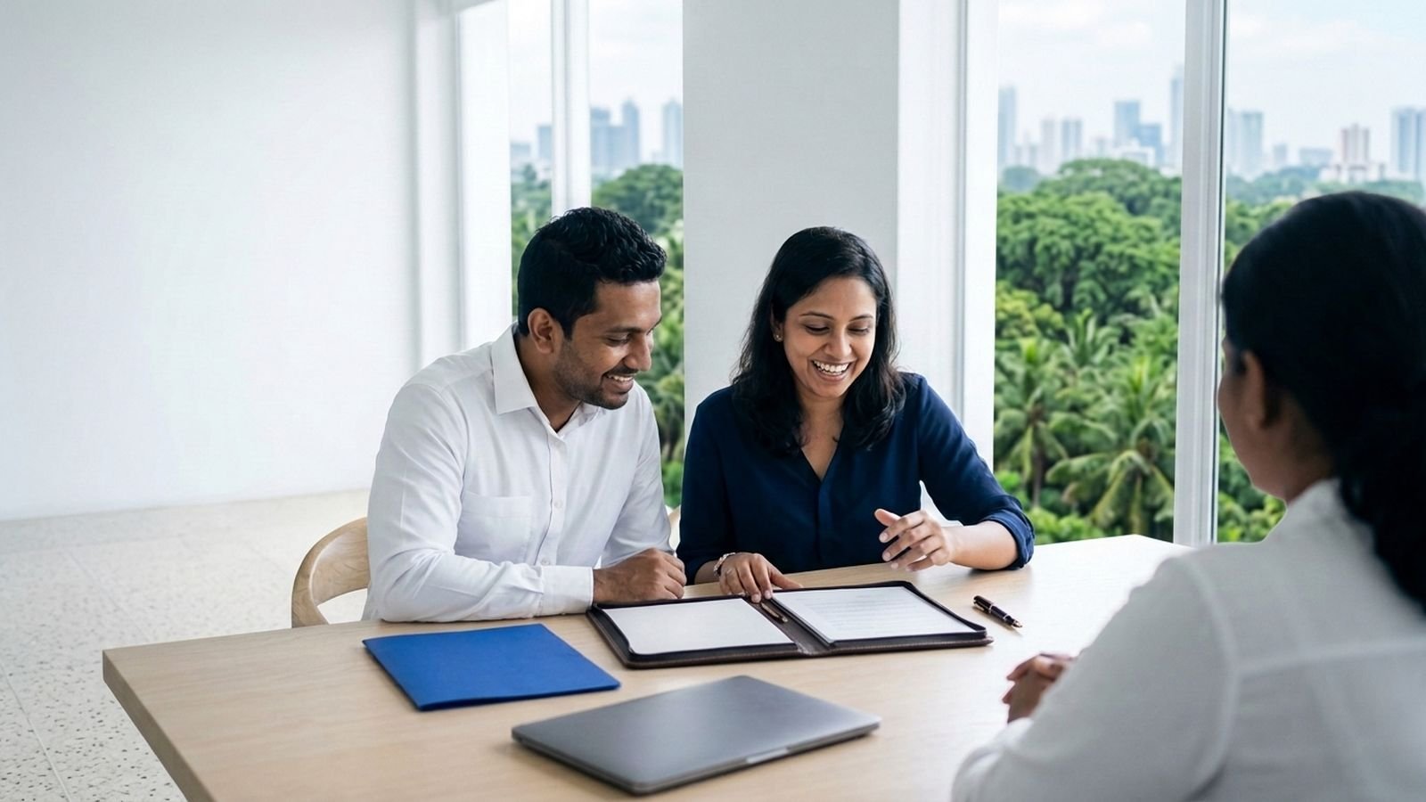 A couple reviewing documents in a leather folio with an adviser, by a window over Colombo