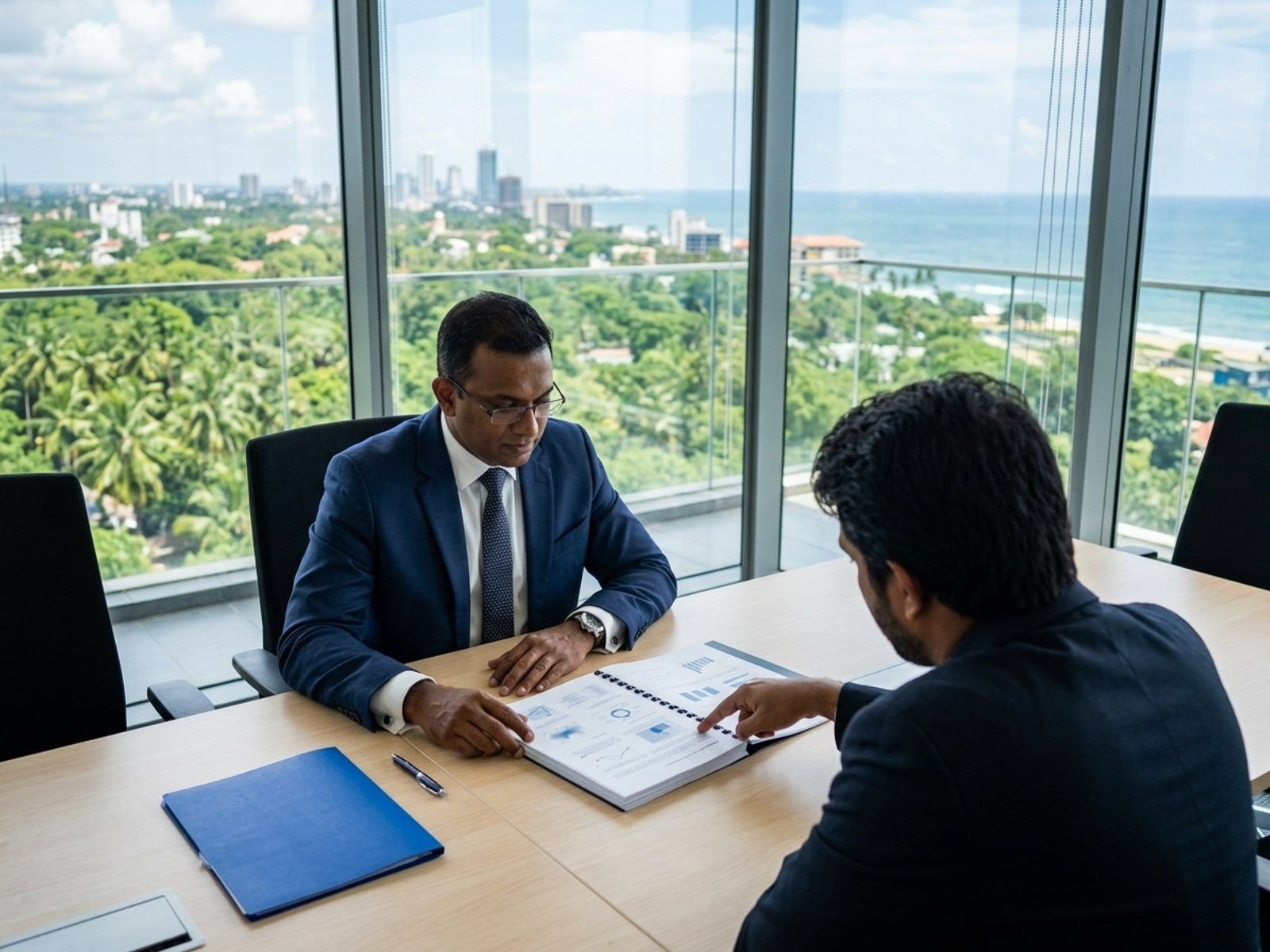 A tea business owner planning with an adviser in his workshop