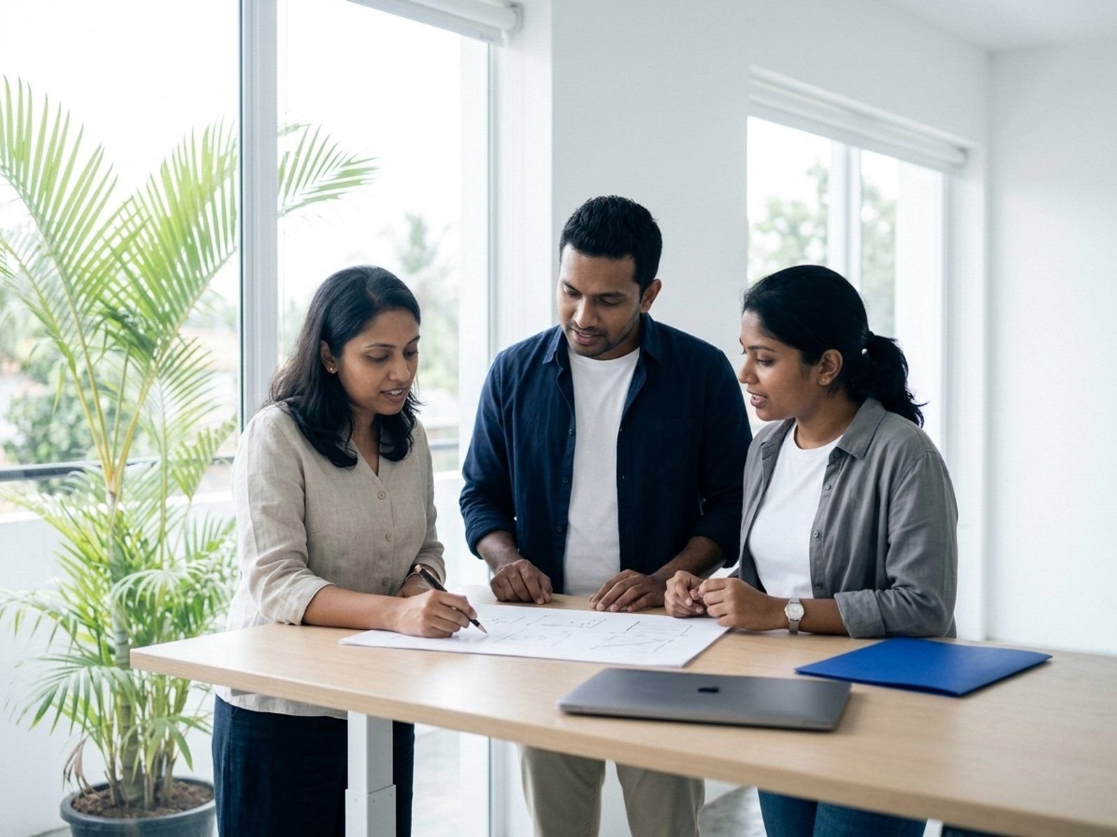Three co-founders around a standing desk in a co-working space